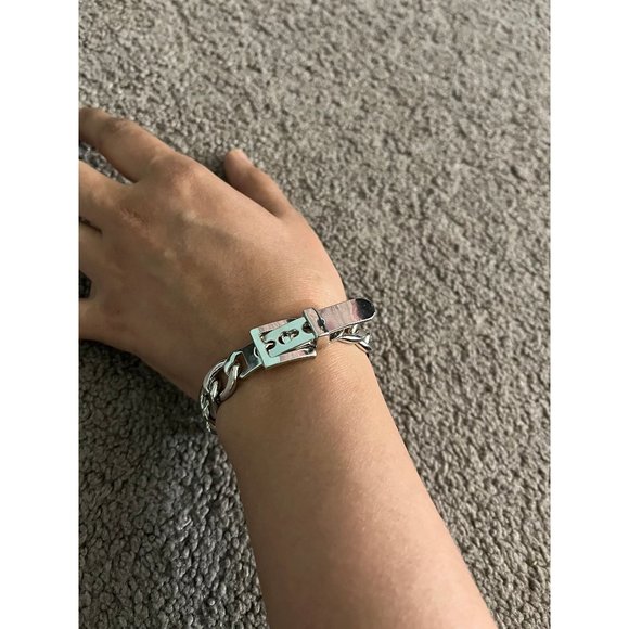 silver chain curb bracelet fat buckle chunky belt punk bangle bold statement - Picture 1 of 8